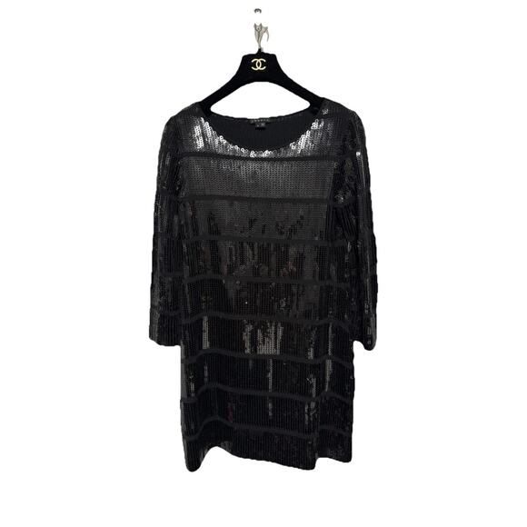 Theory Dress Womens Small Black Harmen Sequin Shift 3/4 Sleeve Mini Party - Picture 1 of 14